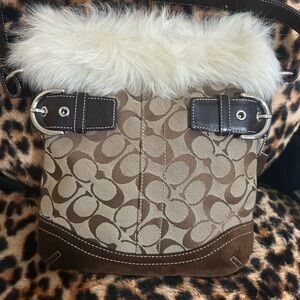 Coach Brown and Cream Bag with fur/ shearling trim